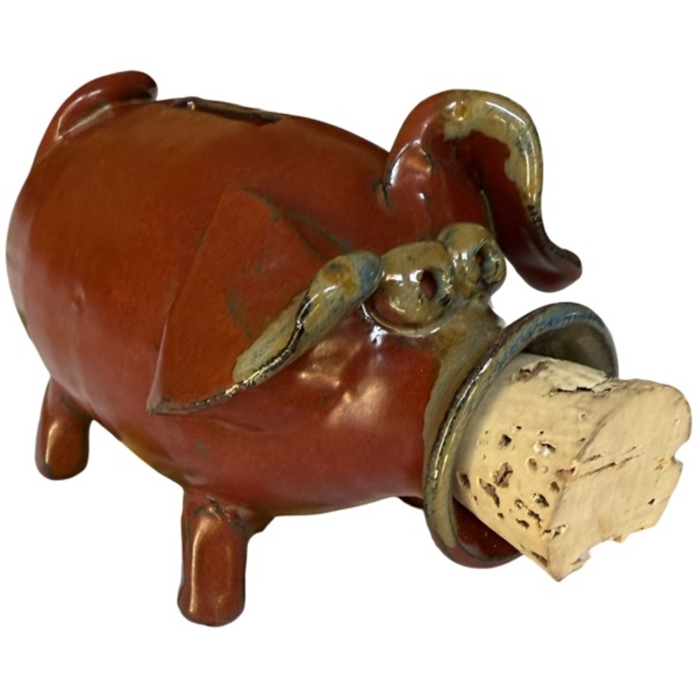 Vintage Artisan Pottery Rustic Brown Piggy Bank with Cork Stopper